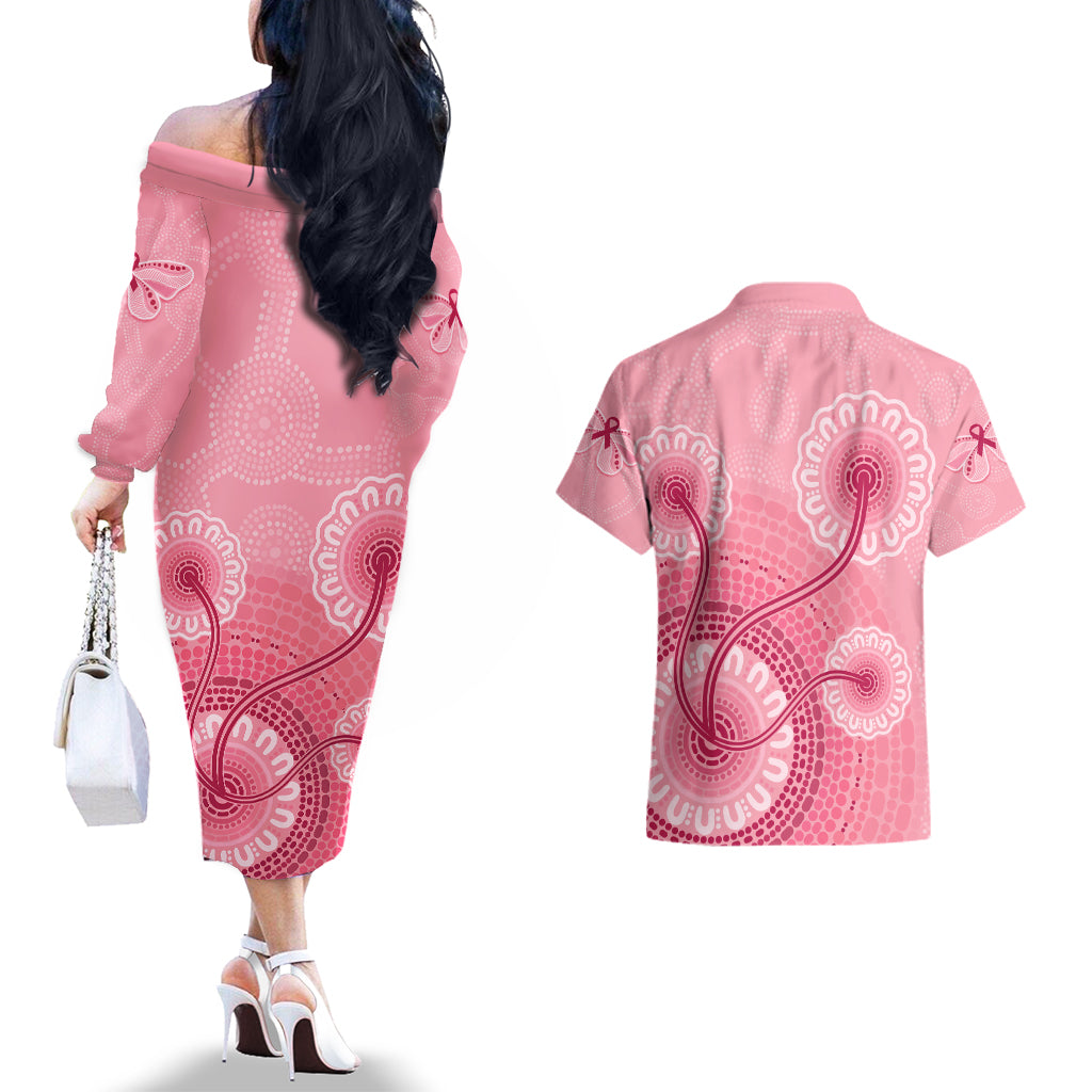 australia-indigenous-couples-matching-off-the-shoulder-long-sleeve-dress-and-hawaiian-shirt-breast-cancer-ribbon-aboriginal-art-pink