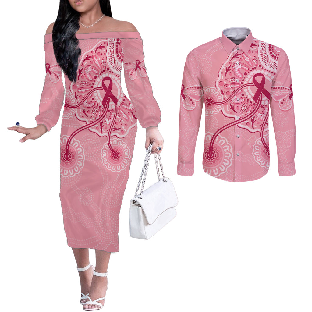 australia-indigenous-couples-matching-off-the-shoulder-long-sleeve-dress-and-long-sleeve-button-shirts-breast-cancer-ribbon-aboriginal-art-pink
