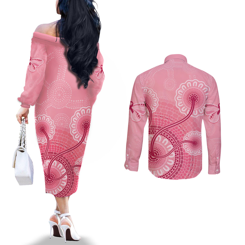 australia-indigenous-couples-matching-off-the-shoulder-long-sleeve-dress-and-long-sleeve-button-shirts-breast-cancer-ribbon-aboriginal-art-pink