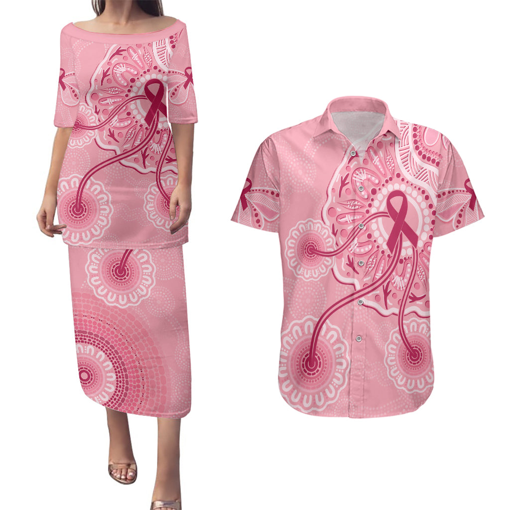 australia-indigenous-couples-matching-puletasi-dress-and-hawaiian-shirt-breast-cancer-ribbon-aboriginal-art-pink