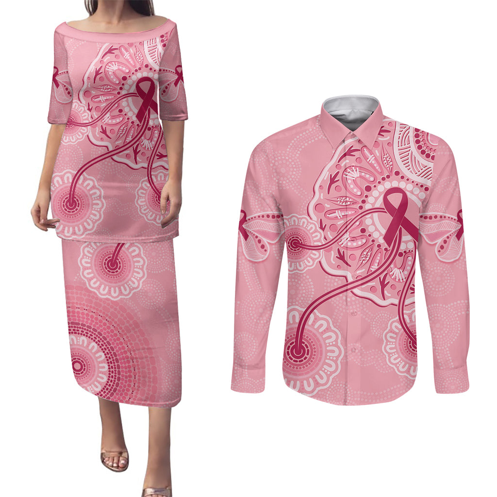 australia-indigenous-couples-matching-puletasi-dress-and-long-sleeve-button-shirts-breast-cancer-ribbon-aboriginal-art-pink