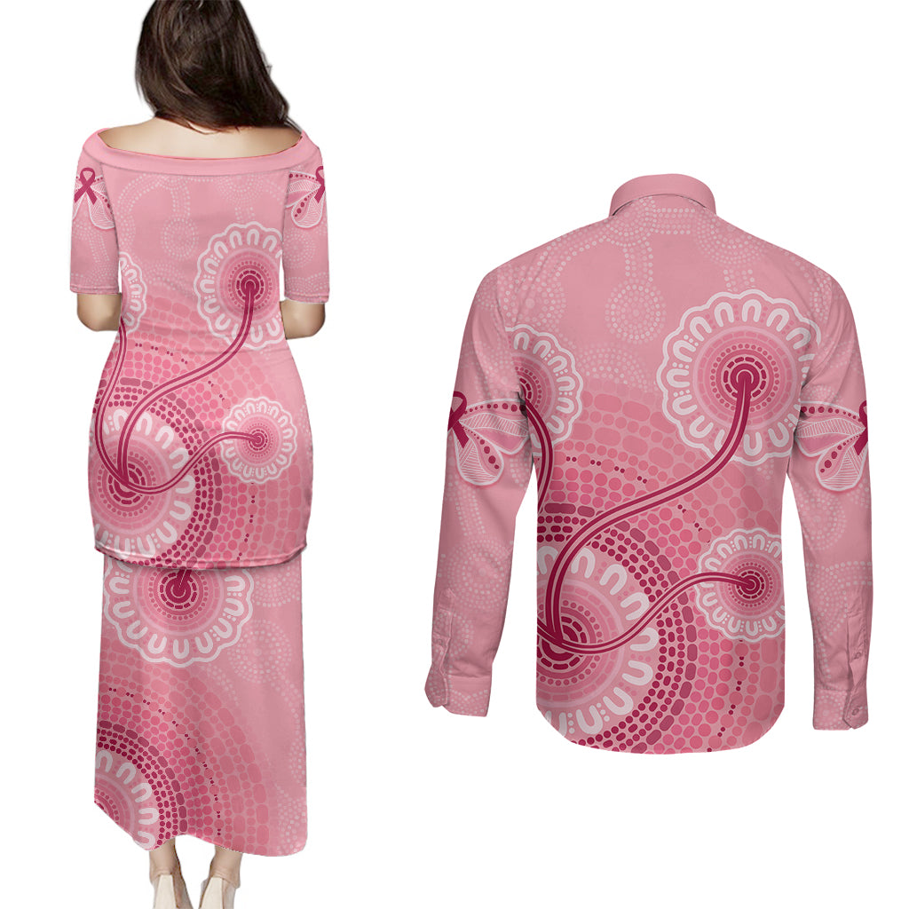 australia-indigenous-couples-matching-puletasi-dress-and-long-sleeve-button-shirts-breast-cancer-ribbon-aboriginal-art-pink