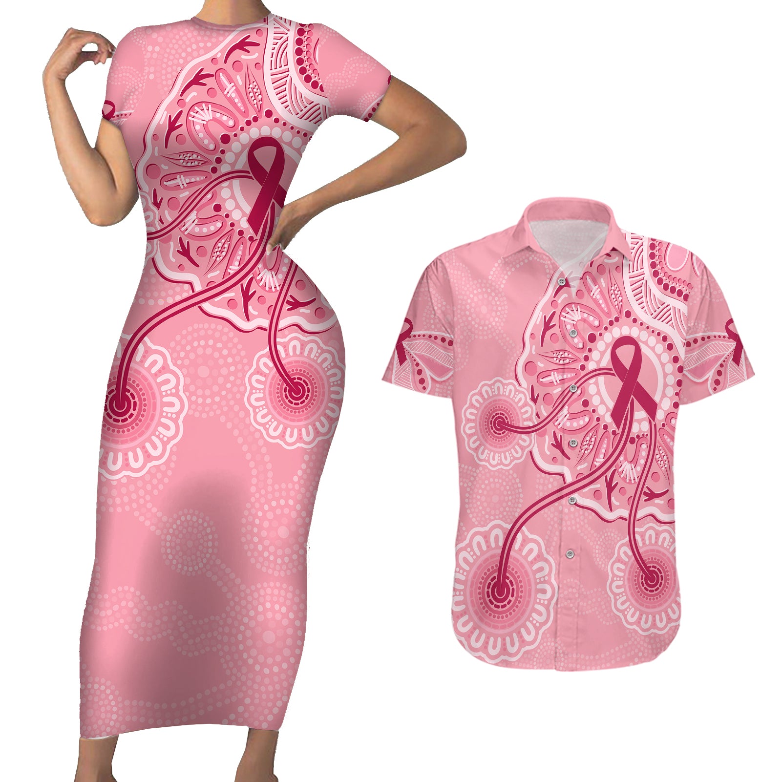 australia-indigenous-couples-matching-short-sleeve-bodycon-dress-and-hawaiian-shirt-breast-cancer-ribbon-aboriginal-art-pink