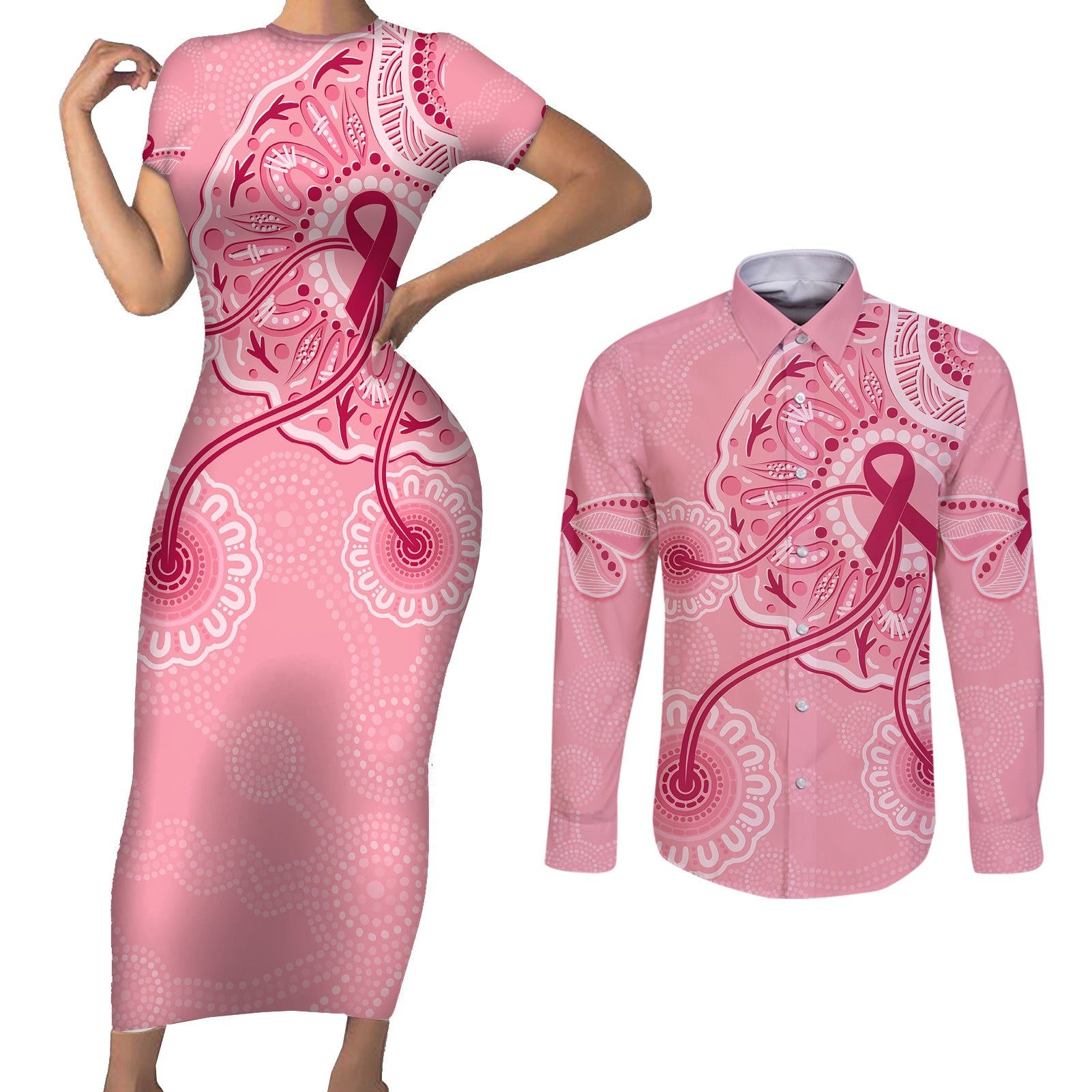 australia-indigenous-couples-matching-short-sleeve-bodycon-dress-and-long-sleeve-button-shirts-breast-cancer-ribbon-aboriginal-art-pink