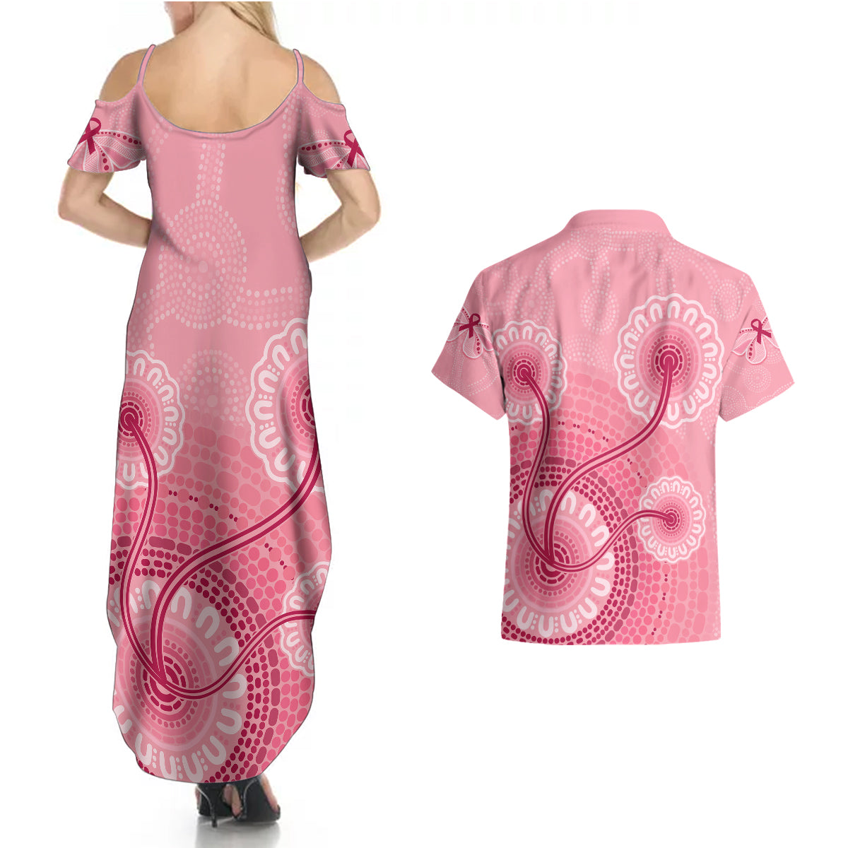 australia-indigenous-couples-matching-summer-maxi-dress-and-hawaiian-shirt-breast-cancer-ribbon-aboriginal-art-pink