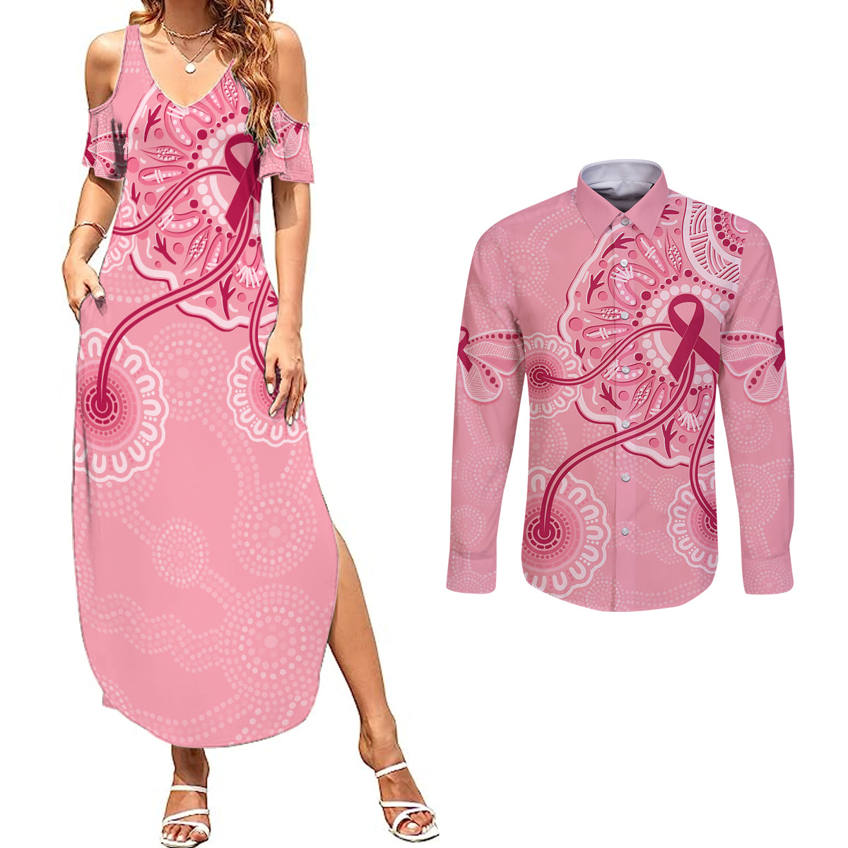 australia-indigenous-couples-matching-summer-maxi-dress-and-long-sleeve-button-shirts-breast-cancer-ribbon-aboriginal-art-pink