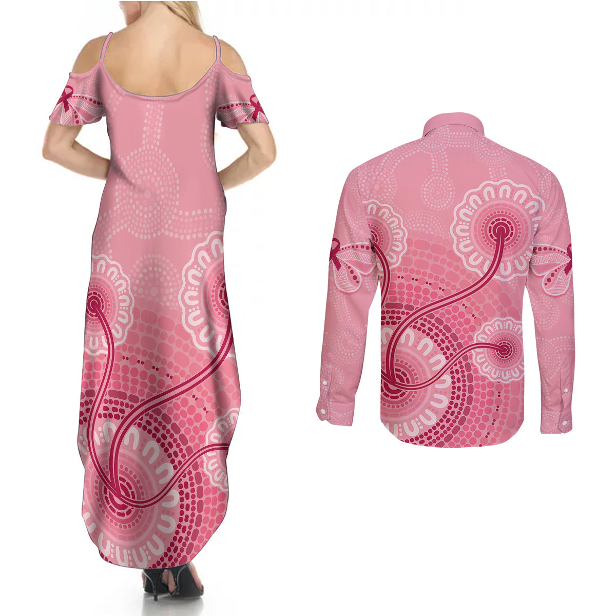 australia-indigenous-couples-matching-summer-maxi-dress-and-long-sleeve-button-shirts-breast-cancer-ribbon-aboriginal-art-pink