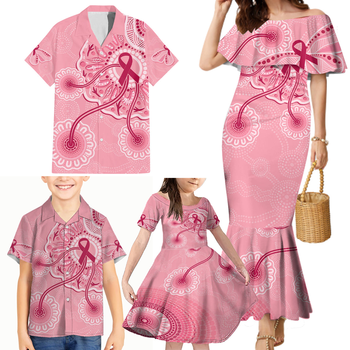 australia-indigenous-family-matching-mermaid-dress-and-hawaiian-shirt-breast-cancer-ribbon-aboriginal-art-pink