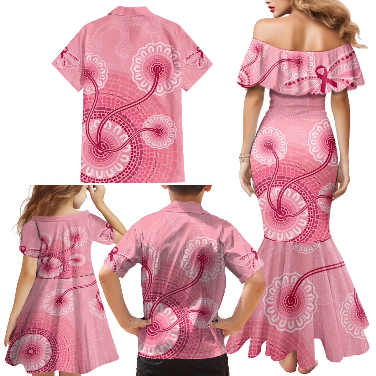 australia-indigenous-family-matching-mermaid-dress-and-hawaiian-shirt-breast-cancer-ribbon-aboriginal-art-pink
