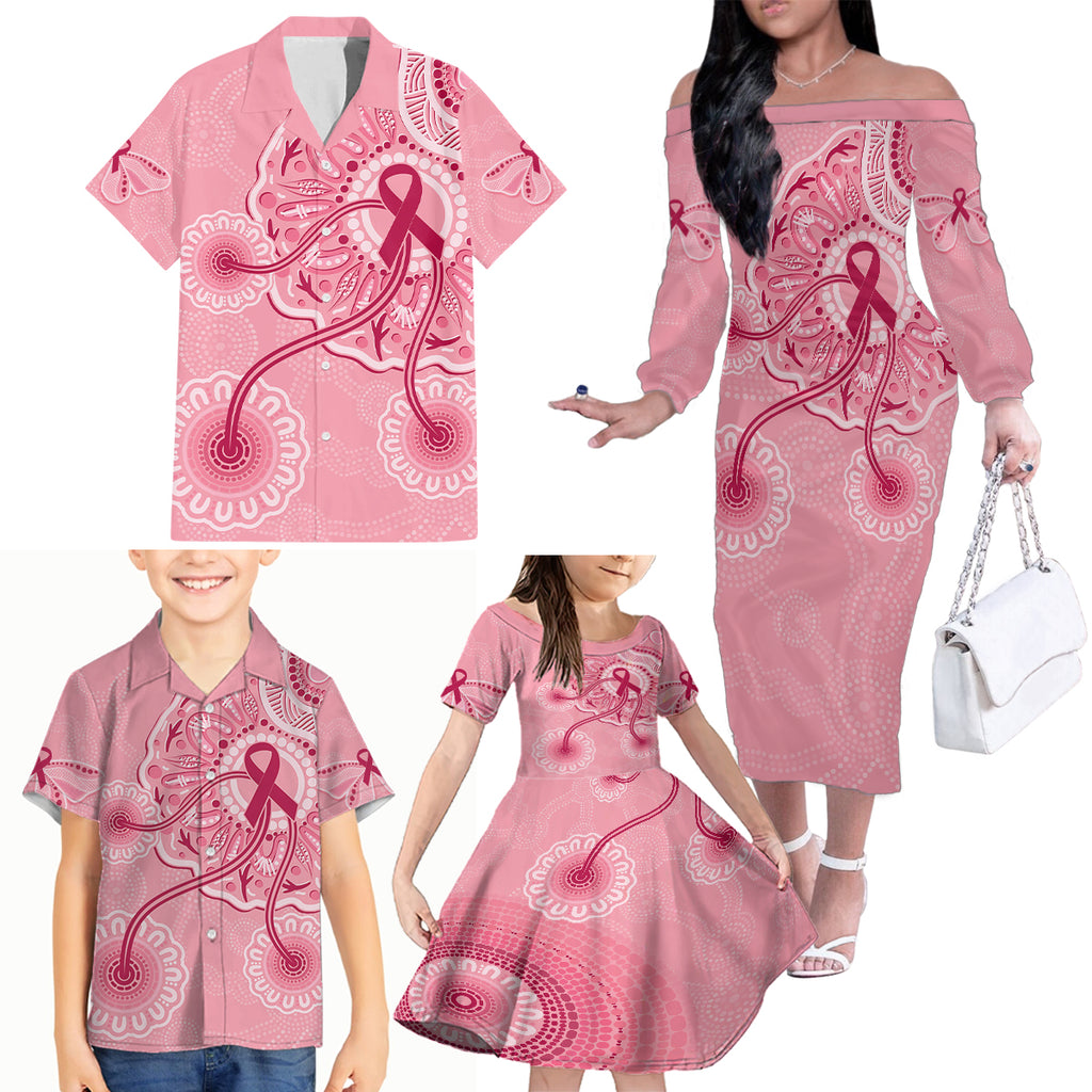 australia-indigenous-family-matching-off-shoulder-long-sleeve-dress-and-hawaiian-shirt-breast-cancer-ribbon-aboriginal-art-pink