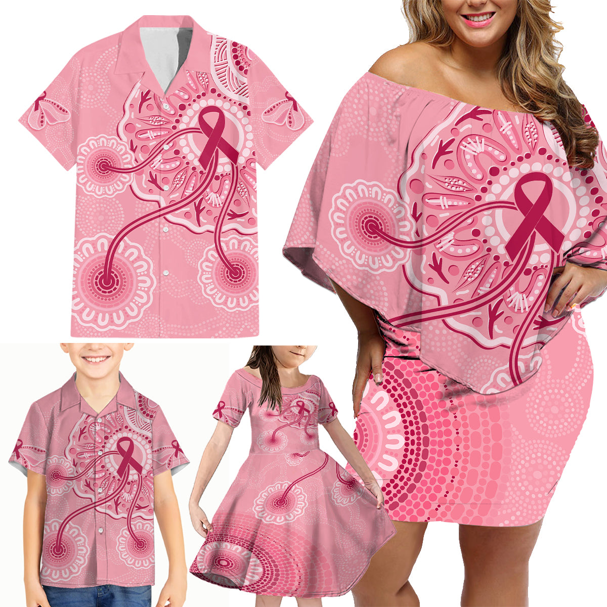 australia-indigenous-family-matching-off-shoulder-short-dress-and-hawaiian-shirt-breast-cancer-ribbon-aboriginal-art-pink