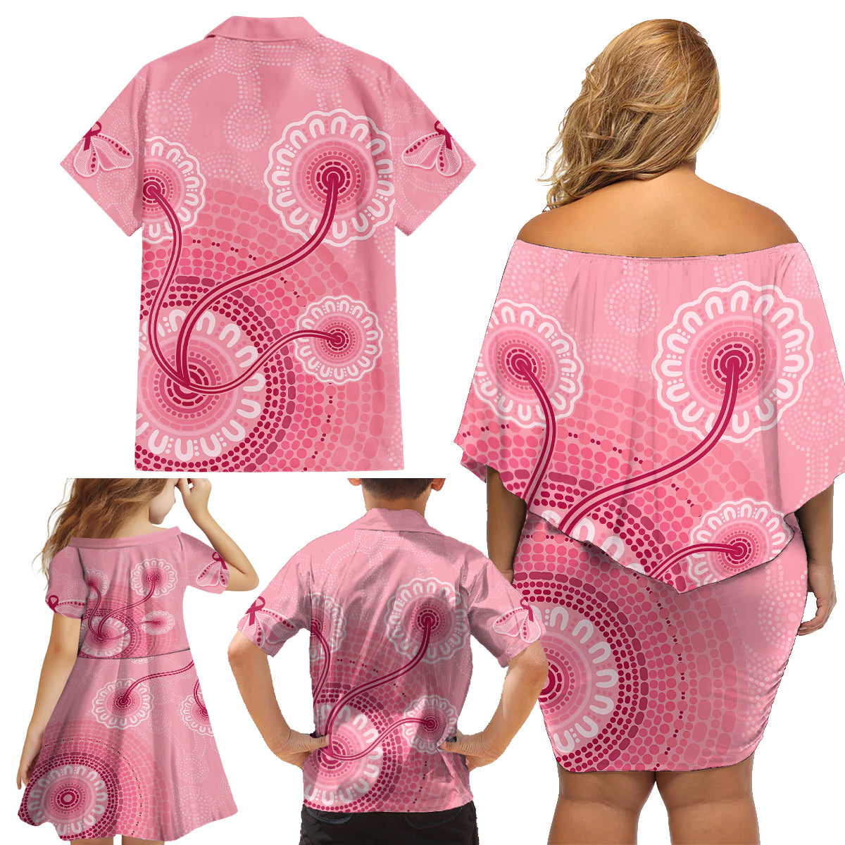 australia-indigenous-family-matching-off-shoulder-short-dress-and-hawaiian-shirt-breast-cancer-ribbon-aboriginal-art-pink