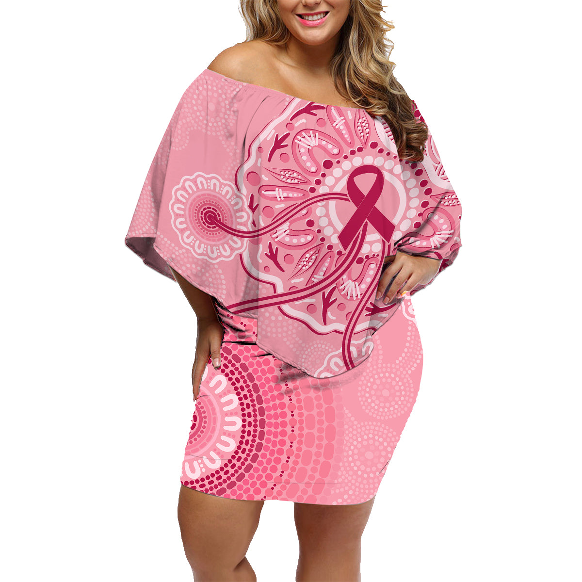 australia-indigenous-family-matching-off-shoulder-short-dress-and-hawaiian-shirt-breast-cancer-ribbon-aboriginal-art-pink