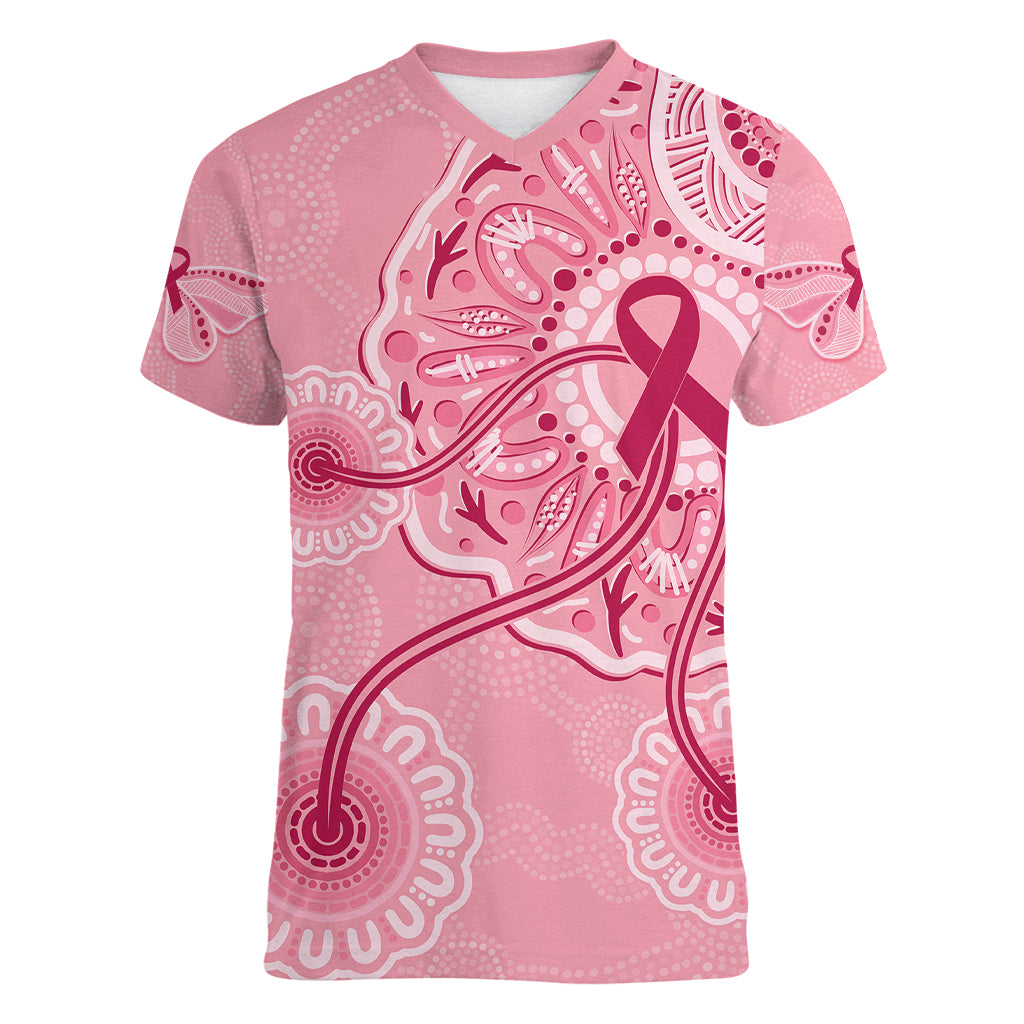 australia-indigenous-women-v-neck-t-shirt-breast-cancer-ribbon-aboriginal-art-pink
