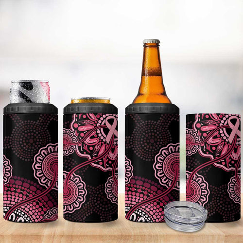 Australia Indigenous Can Cooler Tumbler Breast Cancer Ribbon Aboriginal Art - Black