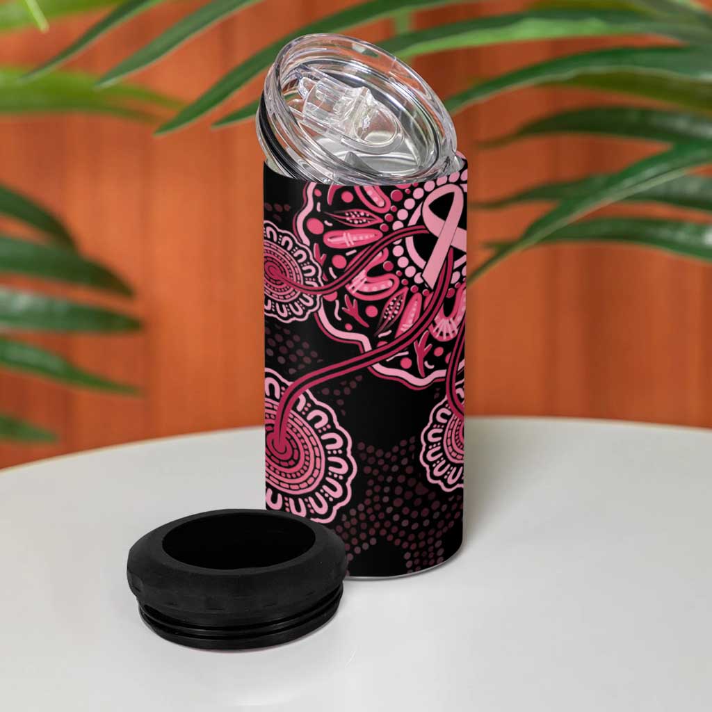 Australia Indigenous Can Cooler Tumbler Breast Cancer Ribbon Aboriginal Art - Black