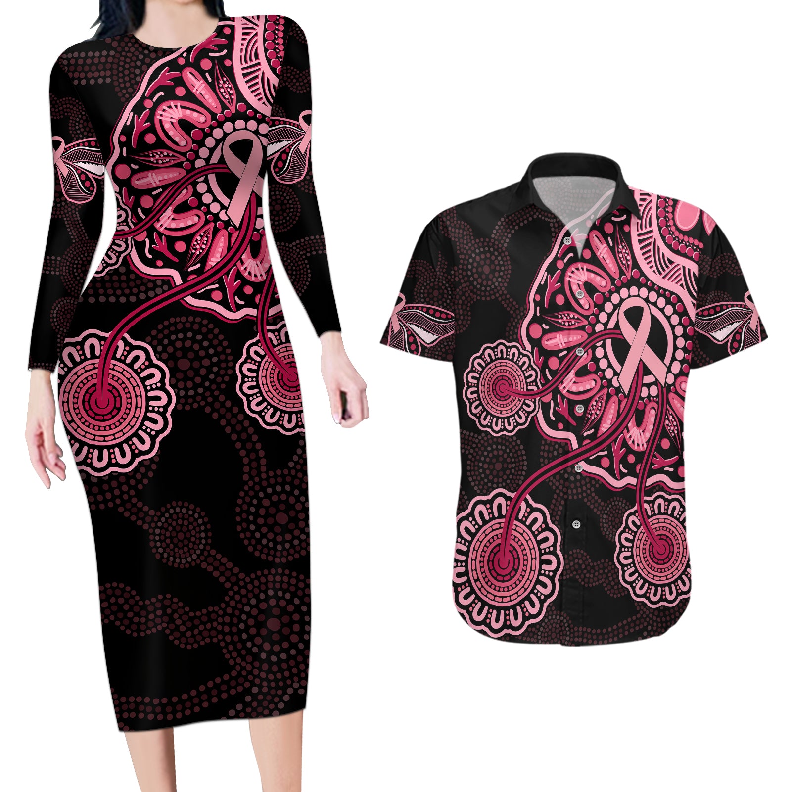 australia-indigenous-couples-matching-long-sleeve-bodycon-dress-and-hawaiian-shirt-breast-cancer-ribbon-aboriginal-art-black