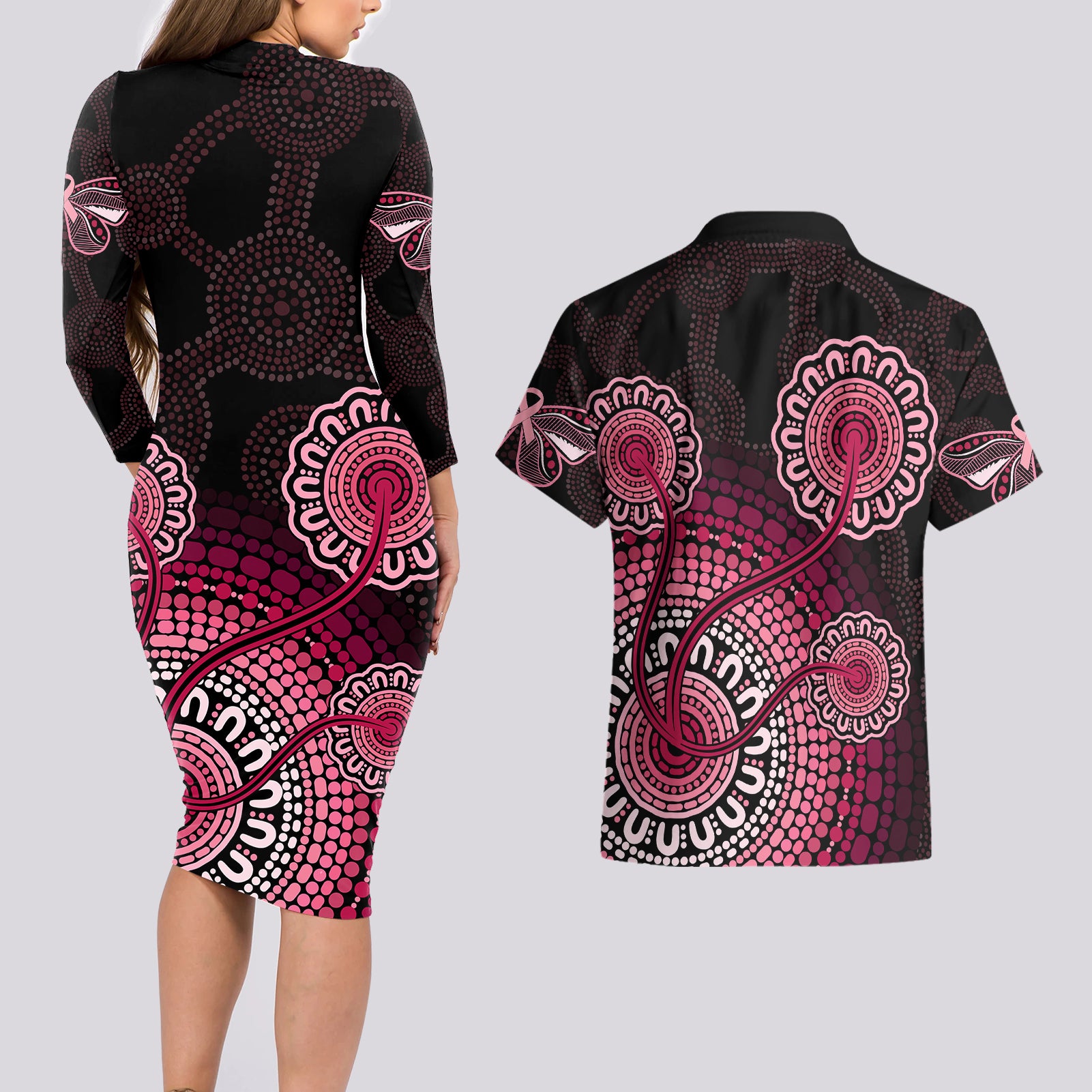australia-indigenous-couples-matching-long-sleeve-bodycon-dress-and-hawaiian-shirt-breast-cancer-ribbon-aboriginal-art-black