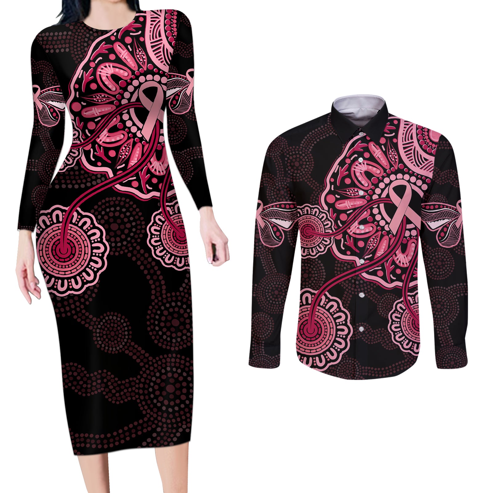 australia-indigenous-couples-matching-long-sleeve-bodycon-dress-and-long-sleeve-button-shirts-breast-cancer-ribbon-aboriginal-art-black