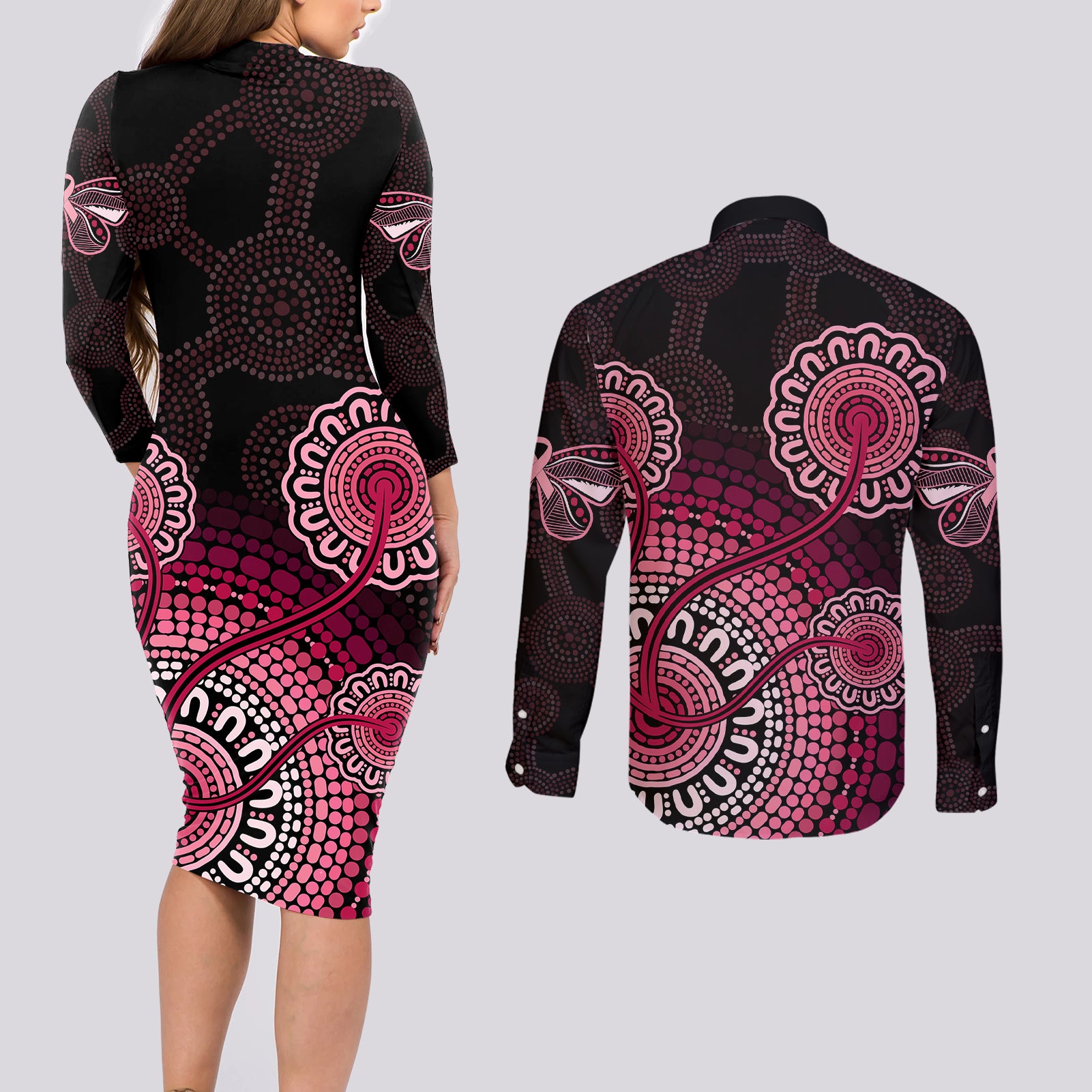 australia-indigenous-couples-matching-long-sleeve-bodycon-dress-and-long-sleeve-button-shirts-breast-cancer-ribbon-aboriginal-art-black