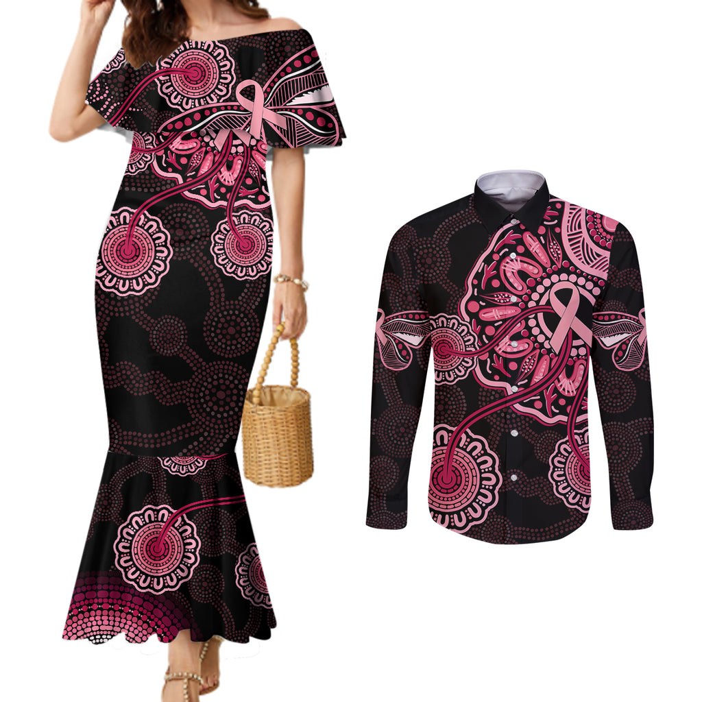 australia-indigenous-couples-matching-mermaid-dress-and-long-sleeve-button-shirts-breast-cancer-ribbon-aboriginal-art-black