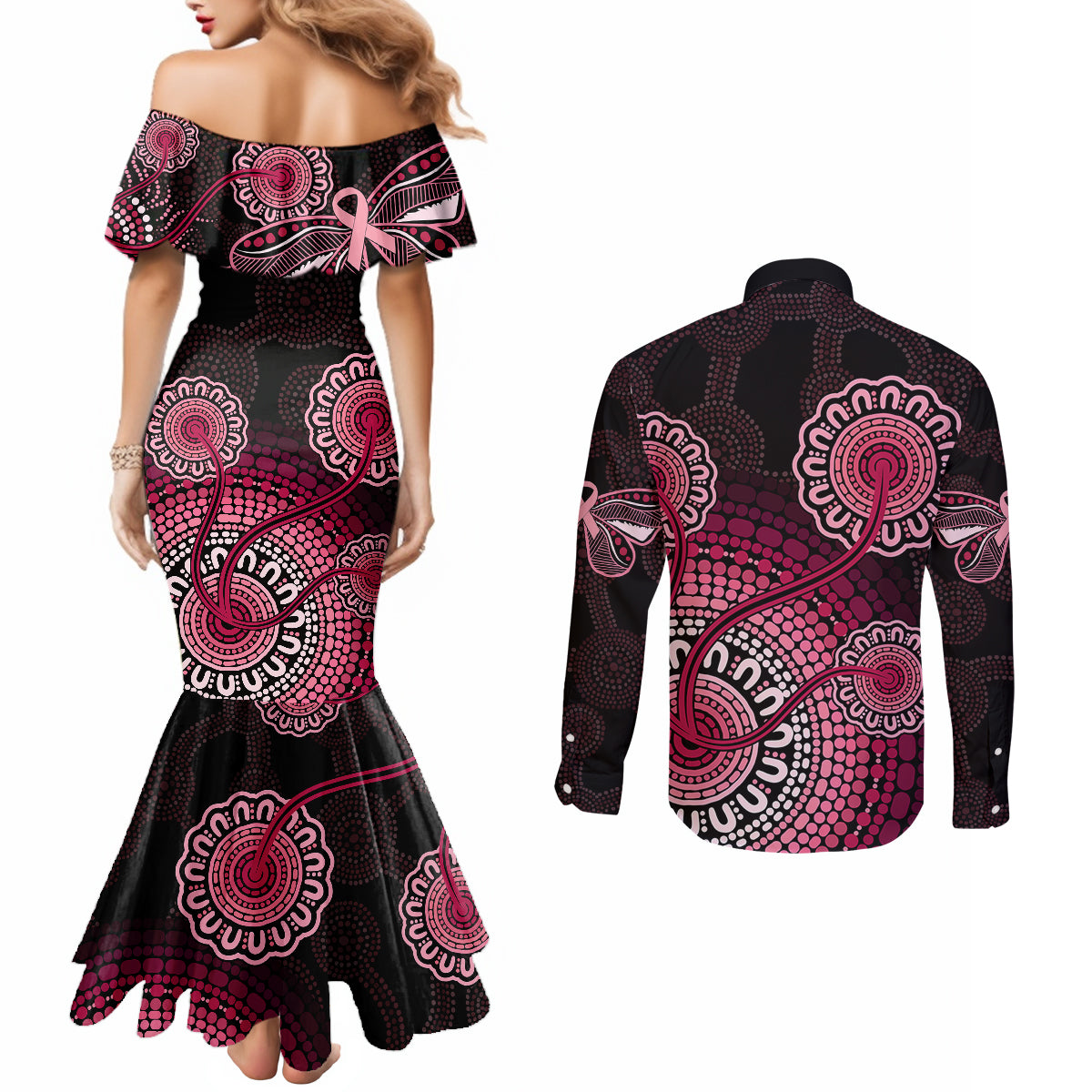 australia-indigenous-couples-matching-mermaid-dress-and-long-sleeve-button-shirts-breast-cancer-ribbon-aboriginal-art-black