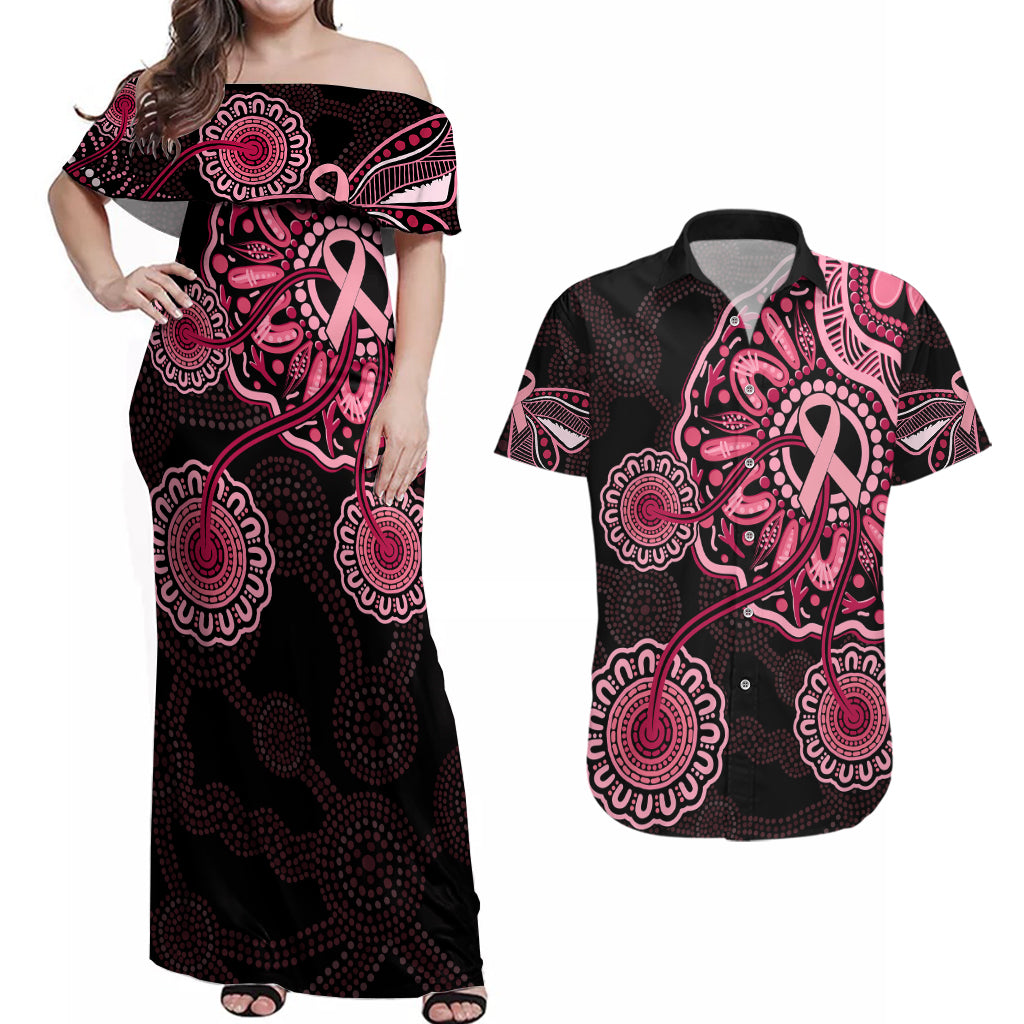 australia-indigenous-couples-matching-off-shoulder-maxi-dress-and-hawaiian-shirt-breast-cancer-ribbon-aboriginal-art-black