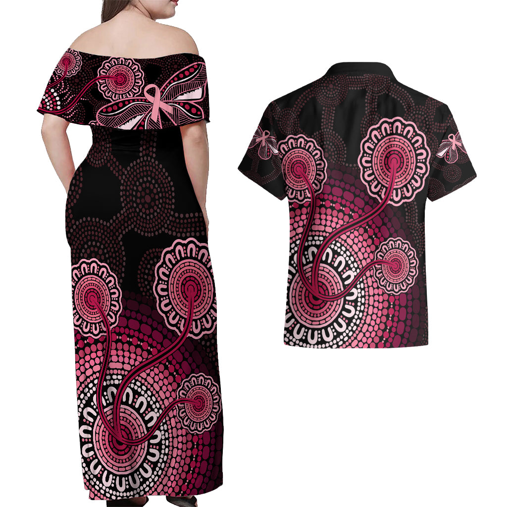 australia-indigenous-couples-matching-off-shoulder-maxi-dress-and-hawaiian-shirt-breast-cancer-ribbon-aboriginal-art-black