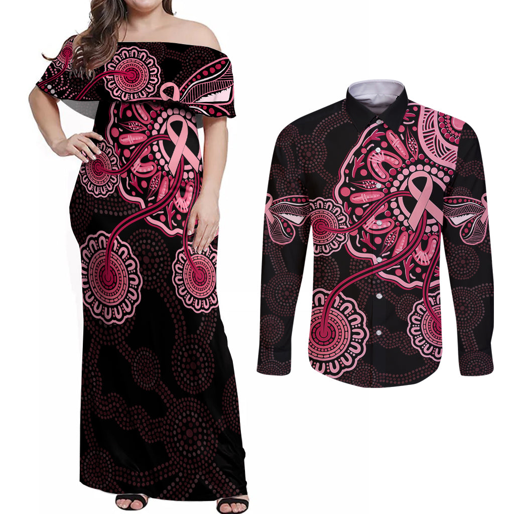 australia-indigenous-couples-matching-off-shoulder-maxi-dress-and-long-sleeve-button-shirts-breast-cancer-ribbon-aboriginal-art-black