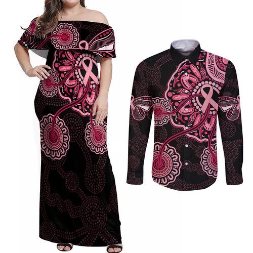 australia-indigenous-couples-matching-off-shoulder-maxi-dress-and-long-sleeve-button-shirts-breast-cancer-ribbon-aboriginal-art-black