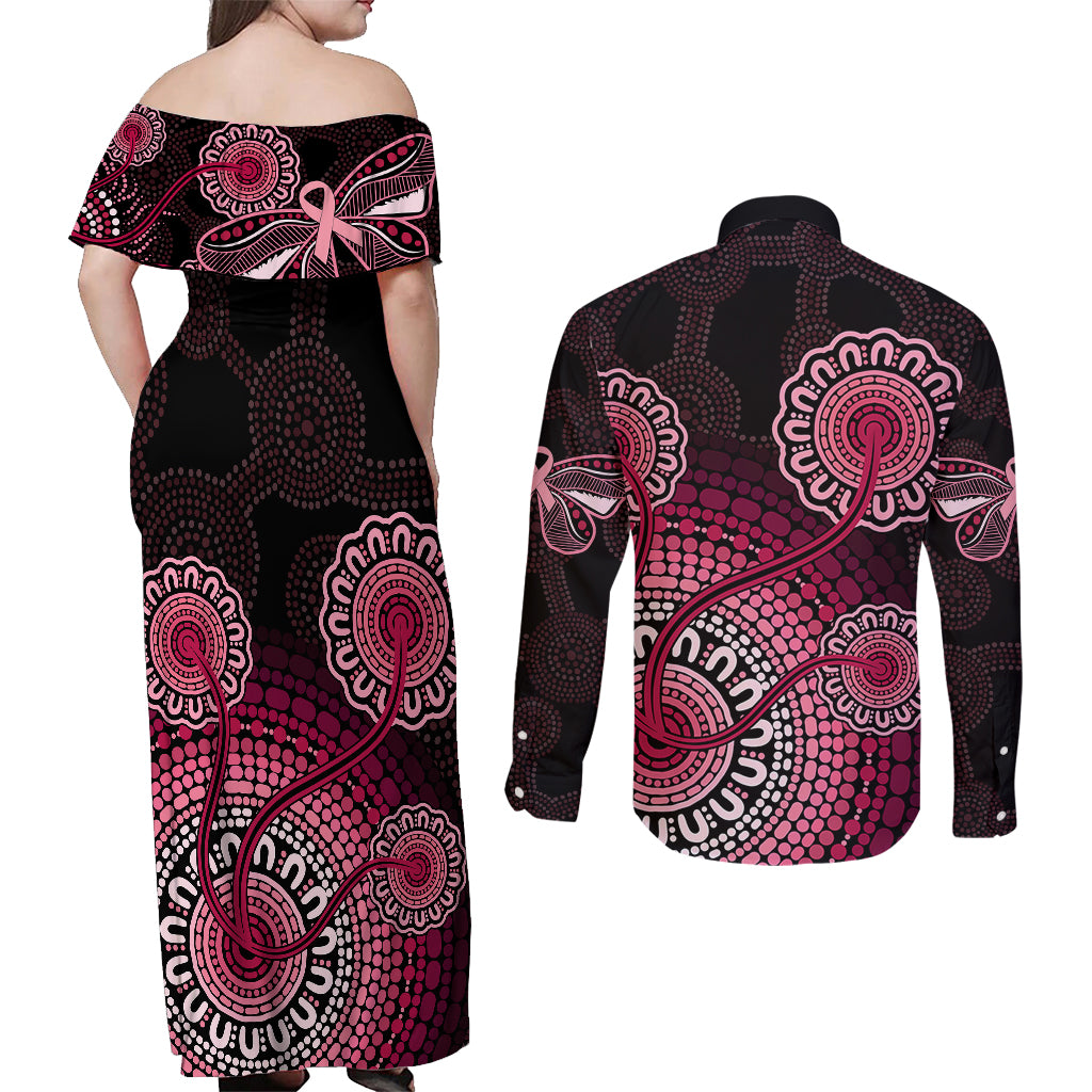 australia-indigenous-couples-matching-off-shoulder-maxi-dress-and-long-sleeve-button-shirts-breast-cancer-ribbon-aboriginal-art-black