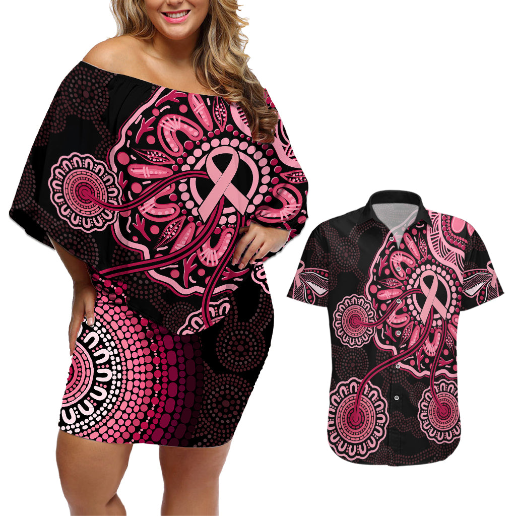australia-indigenous-couples-matching-off-shoulder-short-dress-and-hawaiian-shirt-breast-cancer-ribbon-aboriginal-art-black