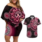 australia-indigenous-couples-matching-off-shoulder-short-dress-and-hawaiian-shirt-breast-cancer-ribbon-aboriginal-art-black