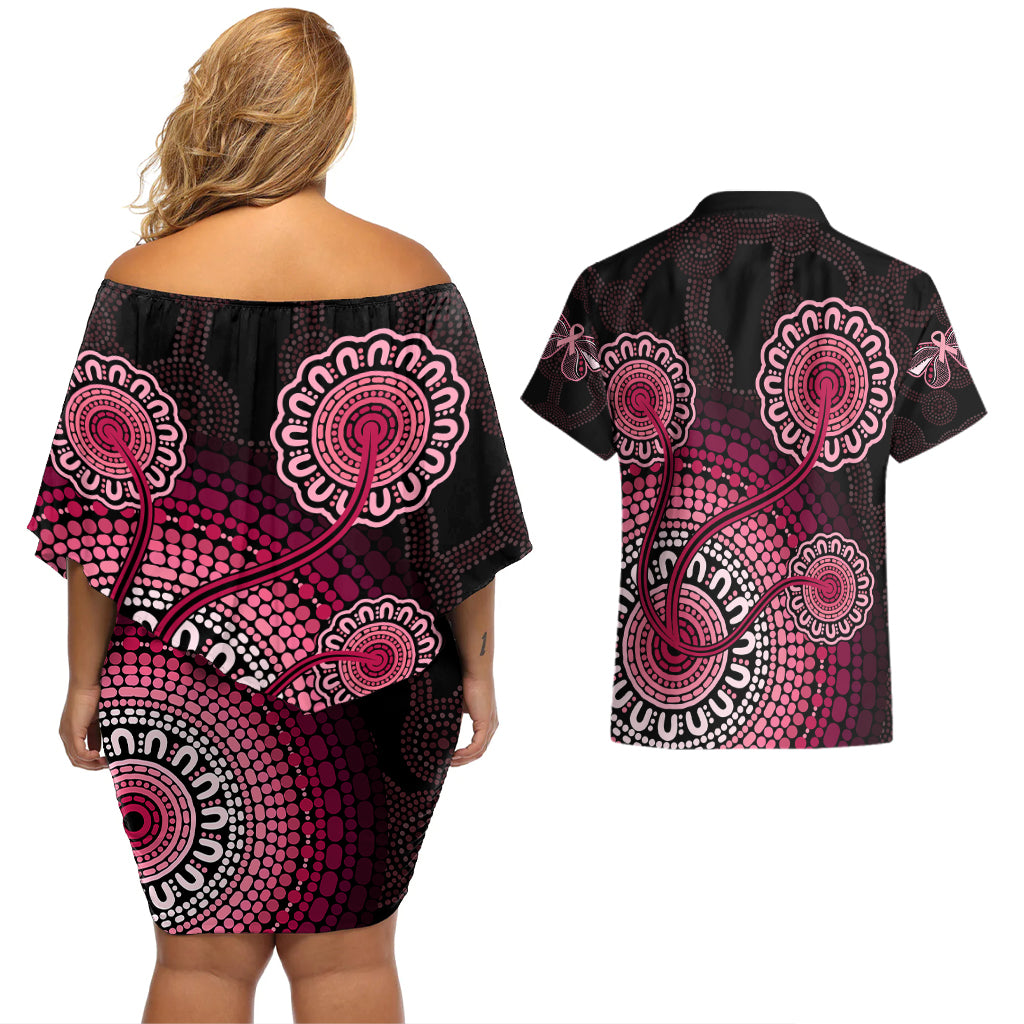 australia-indigenous-couples-matching-off-shoulder-short-dress-and-hawaiian-shirt-breast-cancer-ribbon-aboriginal-art-black