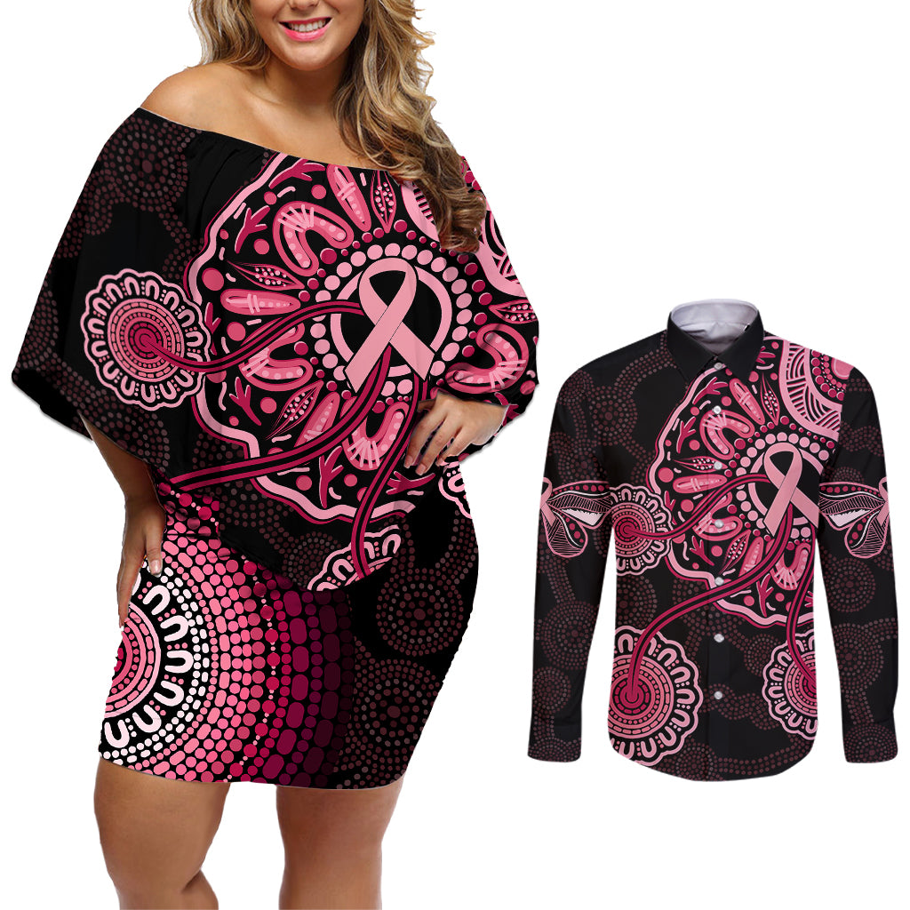 australia-indigenous-couples-matching-off-shoulder-short-dress-and-long-sleeve-button-shirts-breast-cancer-ribbon-aboriginal-art-black
