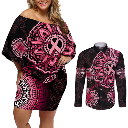 australia-indigenous-couples-matching-off-shoulder-short-dress-and-long-sleeve-button-shirts-breast-cancer-ribbon-aboriginal-art-black