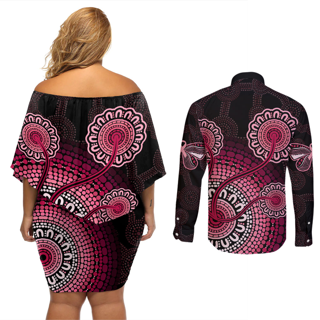 australia-indigenous-couples-matching-off-shoulder-short-dress-and-long-sleeve-button-shirts-breast-cancer-ribbon-aboriginal-art-black