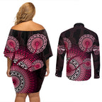 australia-indigenous-couples-matching-off-shoulder-short-dress-and-long-sleeve-button-shirts-breast-cancer-ribbon-aboriginal-art-black