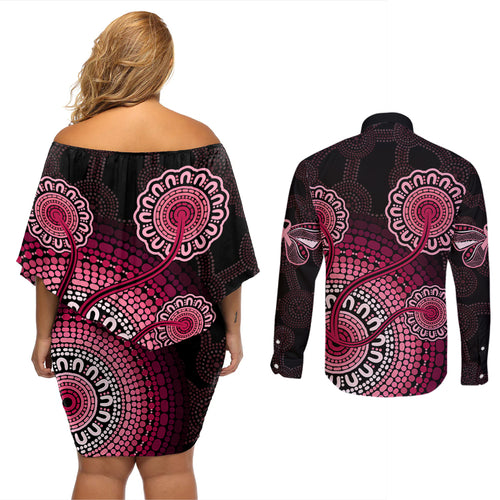 australia-indigenous-couples-matching-off-shoulder-short-dress-and-long-sleeve-button-shirts-breast-cancer-ribbon-aboriginal-art-black