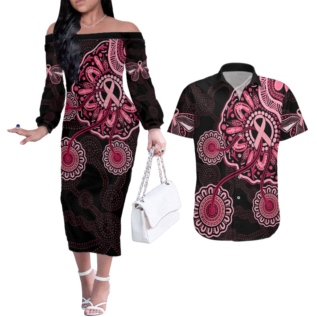 australia-indigenous-couples-matching-off-the-shoulder-long-sleeve-dress-and-hawaiian-shirt-breast-cancer-ribbon-aboriginal-art-black