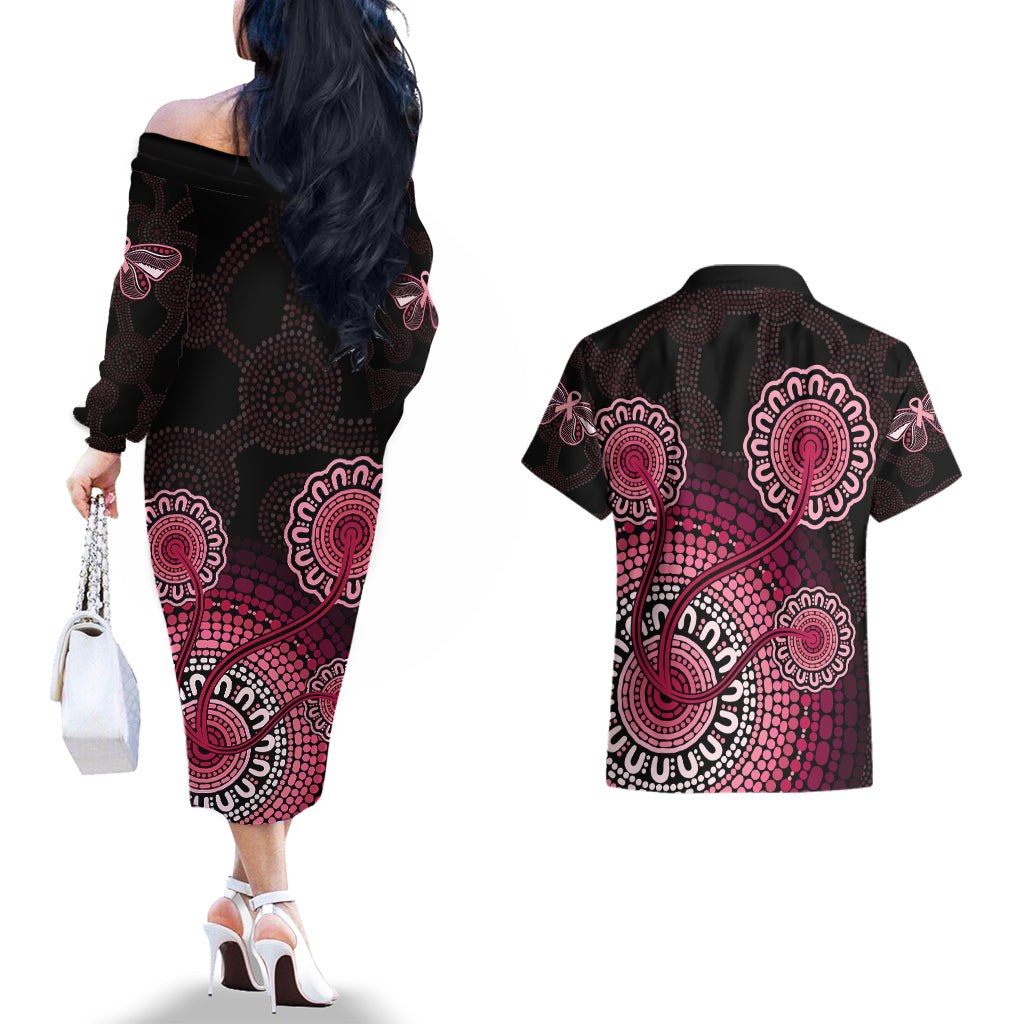 australia-indigenous-couples-matching-off-the-shoulder-long-sleeve-dress-and-hawaiian-shirt-breast-cancer-ribbon-aboriginal-art-black