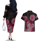 australia-indigenous-couples-matching-off-the-shoulder-long-sleeve-dress-and-hawaiian-shirt-breast-cancer-ribbon-aboriginal-art-black
