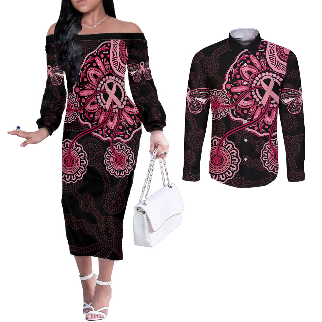 australia-indigenous-couples-matching-off-the-shoulder-long-sleeve-dress-and-long-sleeve-button-shirts-breast-cancer-ribbon-aboriginal-art-black