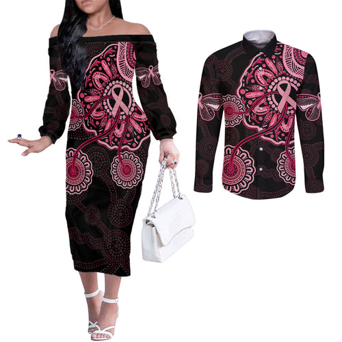 australia-indigenous-couples-matching-off-the-shoulder-long-sleeve-dress-and-long-sleeve-button-shirts-breast-cancer-ribbon-aboriginal-art-black