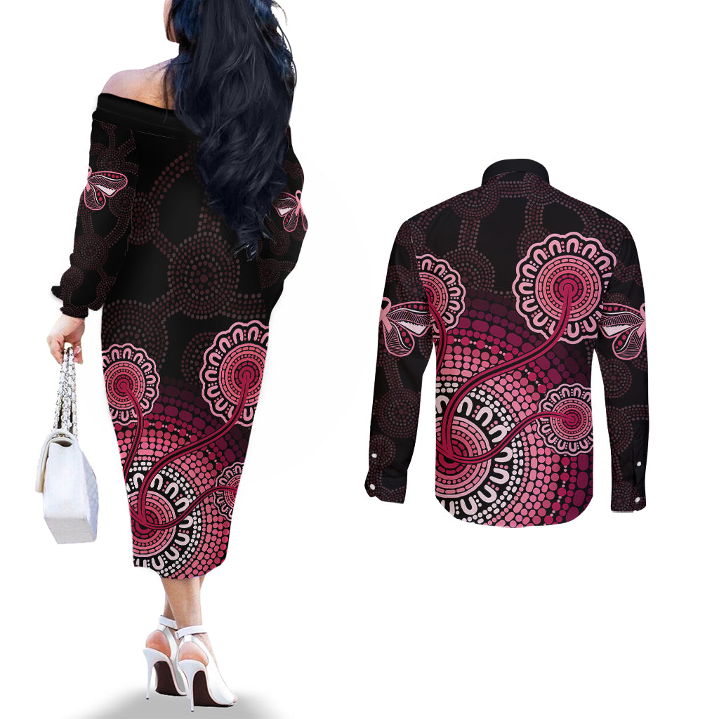 australia-indigenous-couples-matching-off-the-shoulder-long-sleeve-dress-and-long-sleeve-button-shirts-breast-cancer-ribbon-aboriginal-art-black