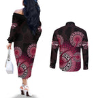 australia-indigenous-couples-matching-off-the-shoulder-long-sleeve-dress-and-long-sleeve-button-shirts-breast-cancer-ribbon-aboriginal-art-black