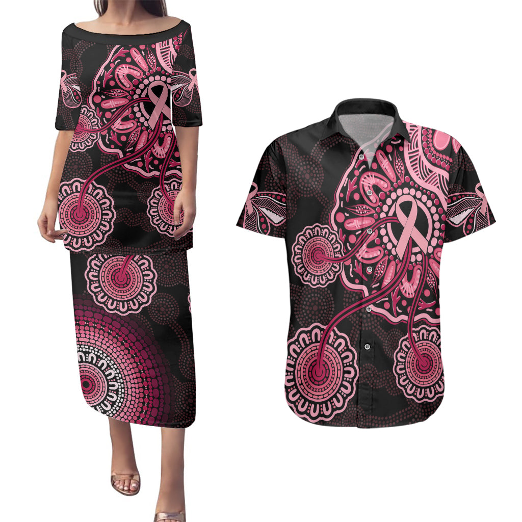 australia-indigenous-couples-matching-puletasi-dress-and-hawaiian-shirt-breast-cancer-ribbon-aboriginal-art-black