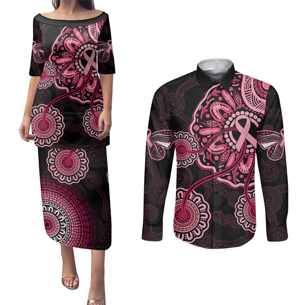 australia-indigenous-couples-matching-puletasi-dress-and-long-sleeve-button-shirts-breast-cancer-ribbon-aboriginal-art-black