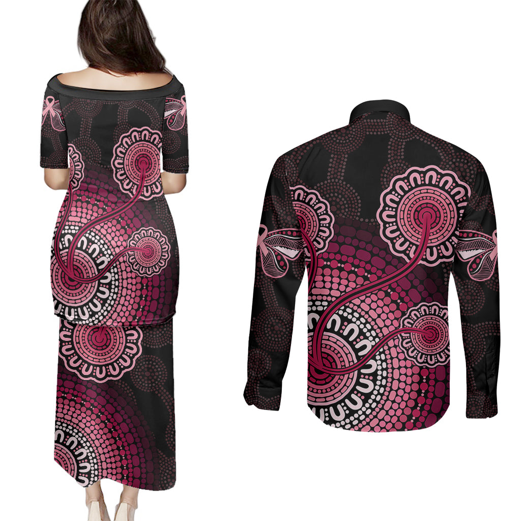 australia-indigenous-couples-matching-puletasi-dress-and-long-sleeve-button-shirts-breast-cancer-ribbon-aboriginal-art-black