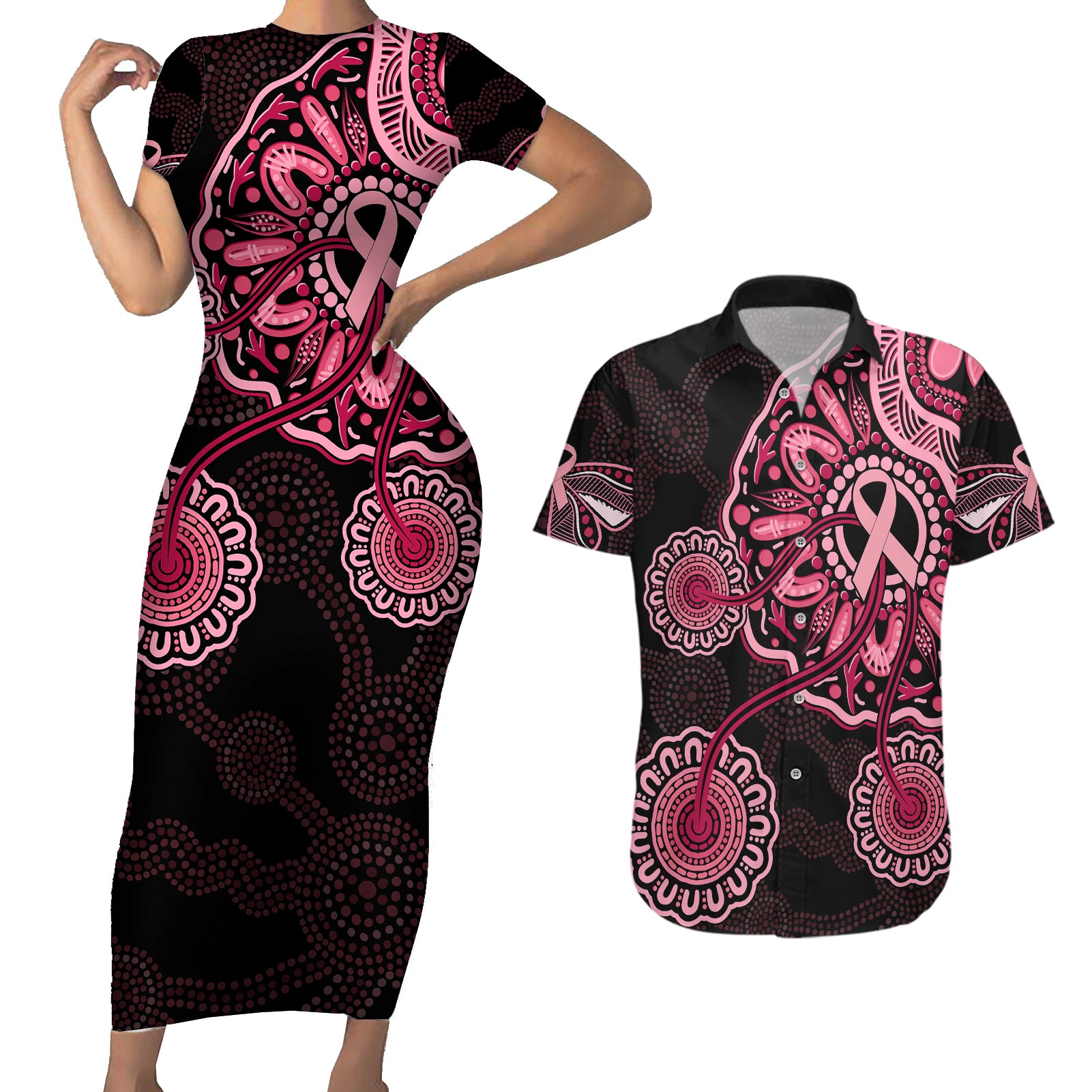 australia-indigenous-couples-matching-short-sleeve-bodycon-dress-and-hawaiian-shirt-breast-cancer-ribbon-aboriginal-art-black